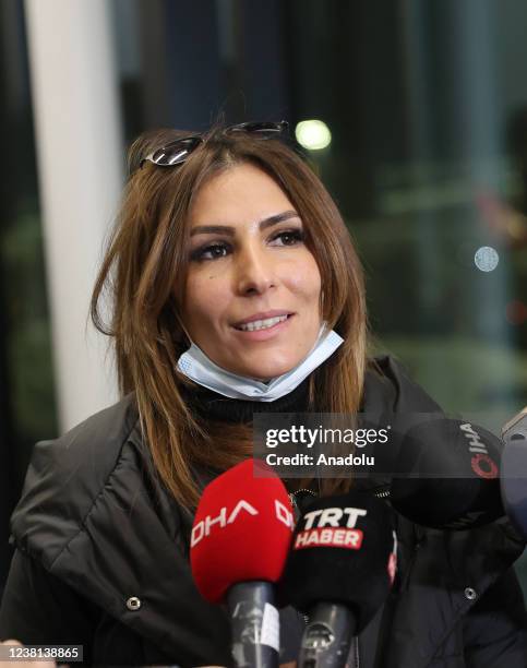 Passenger Gayane Bulhadaryan speaks to press after landing of the FlyOne passenger plane departed from Yerevan International Zvartnots Airport for...