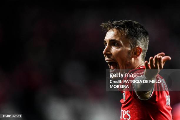 Benfica's Spanish defender Grimaldo Garcia shouts during the Portuguese league football match between SL Benfica and Gil Vicente FC at the Luz...