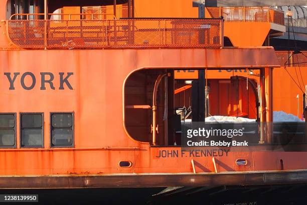 The retired Staten Island Ferry boat, the John F. Kennedy, is seen moored on February 2, 2022 in New York City. The boat was purchased by comedians...