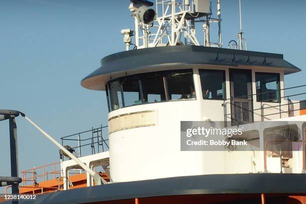 The retired Staten Island Ferry boat, the John F. Kennedy, is seen moored on February 2, 2022 in New York City. The boat was purchased by comedians...