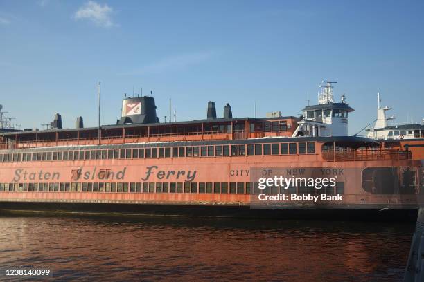 The retired Staten Island Ferry boat, the John F. Kennedy, is seen moored on February 2, 2022 in New York City. The boat was purchased by comedians...