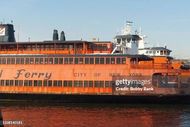 The retired Staten Island Ferry boat, the John F. Kennedy, is seen moored on February 2, 2022 in New York City. The boat was purchased by comedians...