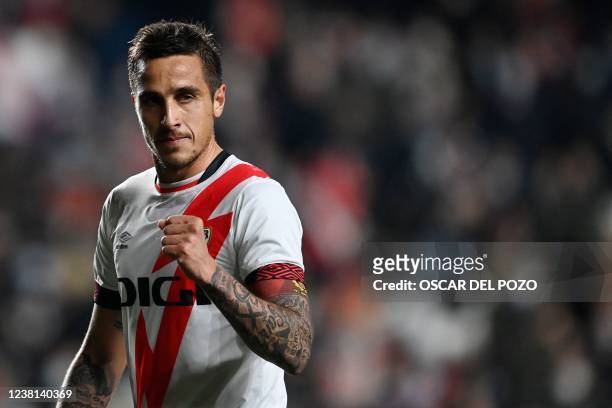 Rayo Vallecano's Argentinian midfielder Oscar Trejo celebrates after scoring a penalty during the Spanish Copa del Rey quarter-final football match...