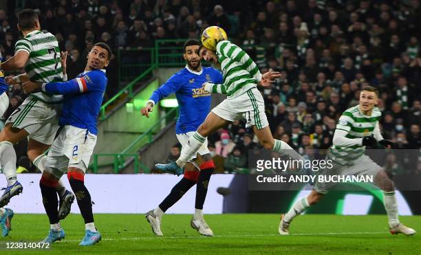 Celtic's Israeli striker Liel Abada headers the ball but fails to score during the Scottish Premiership football match between Celtic and Rangers at...