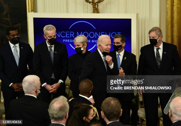 President Joe Biden departs after announcing the relaunch of the Cancer Moonshot initiative in the East Room of the White House in Washington, DC, on...