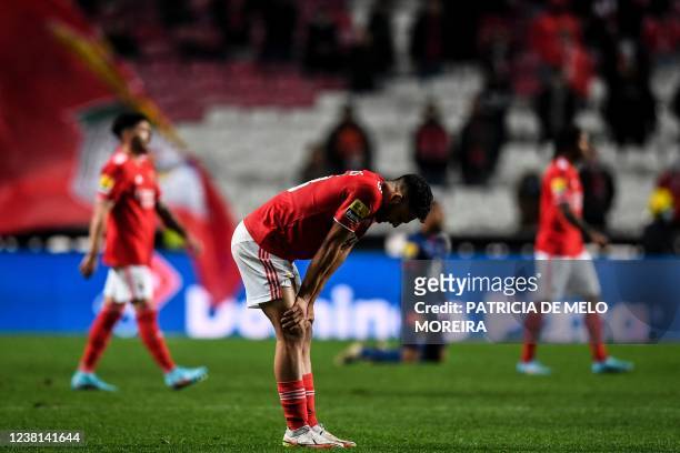 Benfica's Portuguese forward Goncalo Ramos reacts at the end of the Portuguese league football match between SL Benfica and Gil Vicente FC at the Luz...