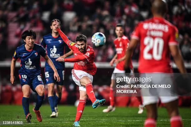 Benfica's forward Rafa da Silva kicks the ball during the Portuguese league football match between SL Benfica and Gil Vicente FC at the Luz stadium...