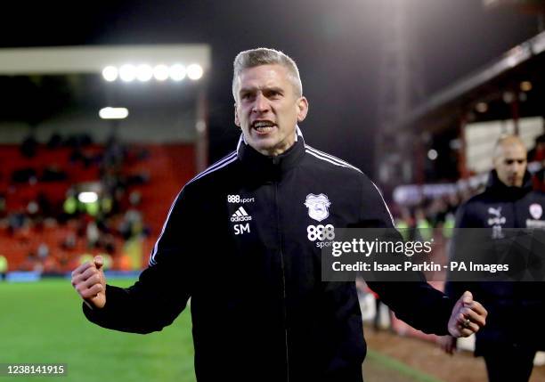 Cardiff City manager Steve Morison celebrates at the end of the Sky Bet Championship match at Oakwell Stadium, Barnsley. Picture date: Wednesday...