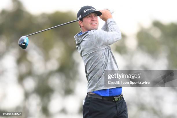 Taylor Montgomery tees off on the 2nd hole during the final round of the Farmers Insurance Open golf tournament at Torrey Pines Municipal Golf Course...