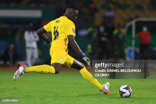 Senegal's goalkeeper Edouard Mendy kicks the ball during the Africa Cup of Nations 2021 semi final football match between Burkina Faso and Senegal at...