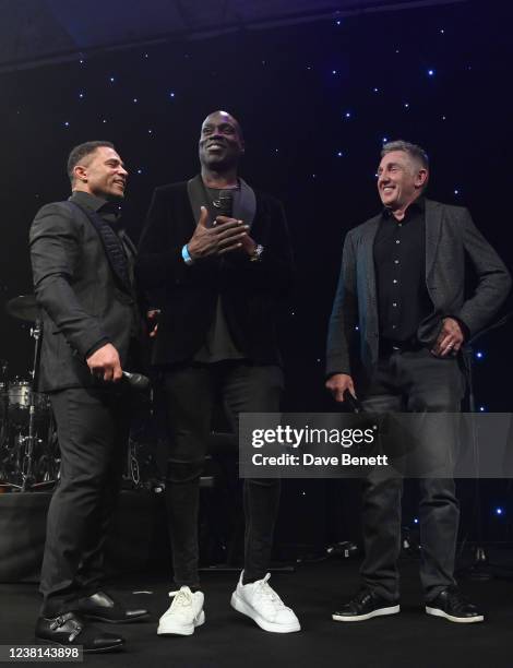 Jason Robinson OBE, Martin Offiah and Jonathan Davies attend the Nordoff Robbins Legends of Rugby dinner at Grosvenor House on February 2, 2022 in...