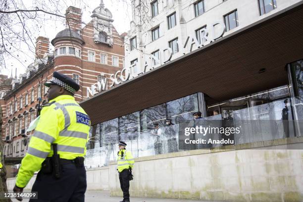 Police take measures outside New Scotland Yard for a possible protest on February 2, 2022 in London, United Kingdom.