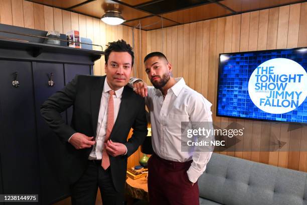 Episode 1597 -- Pictured: Host Jimmy Fallon and singer Maluma pose backstage on Wednesday, February 2, 2022 --