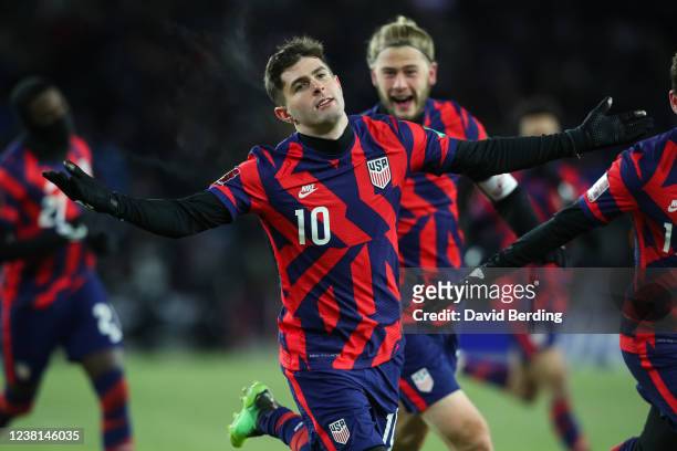Christian Pulisic of the United States celebrates after scoring a goal against Honduras in the second half of a World Cup Qualifying game at Allianz...