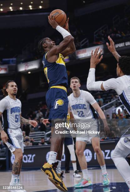 Caris LeVert of the Indiana Pacers shoots the ball during the first half against the Orlando Magic at Gainbridge Fieldhouse on February 2, 2022 in...