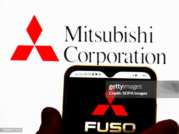In this photo illustration, the Mitsubishi Fuso Truck and Bus Corporation logo is displayed on a smartphone screen with a Mitsubishi Corporation logo...