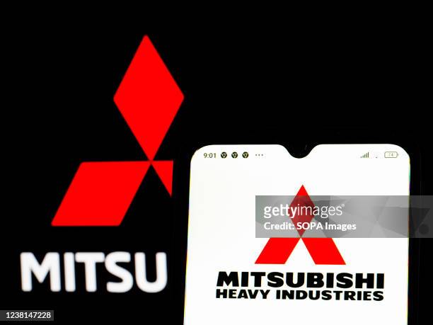 In this photo illustration, the Mitsubishi Heavy Industries logo is displayed on a smartphone screen with a Mitsubishi Corporation logo in the...