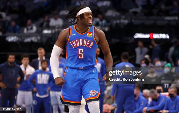 Luguentz Dort of the Oklahoma City Thunder reacts after sinking a three point shot against the Dallas Mavericks in overtime at American Airlines...