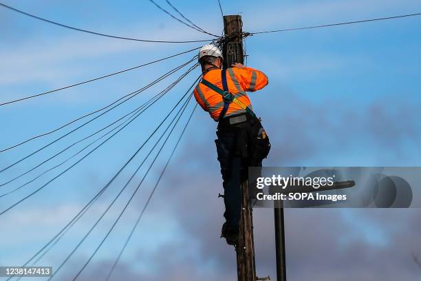 Network engineer from Openreach, a unit of BT Group Plc, carries out maintenance work at the top of a telegraph pole.