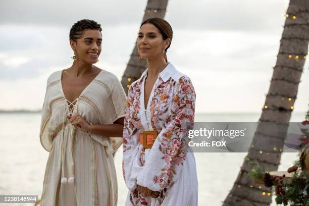 Kiara Barnes and Roselyn Sanchez in the all-new two-hour holiday special, Welcome to the Snow Globe episode of FANTASY ISLAND airing Thursday, Dec....