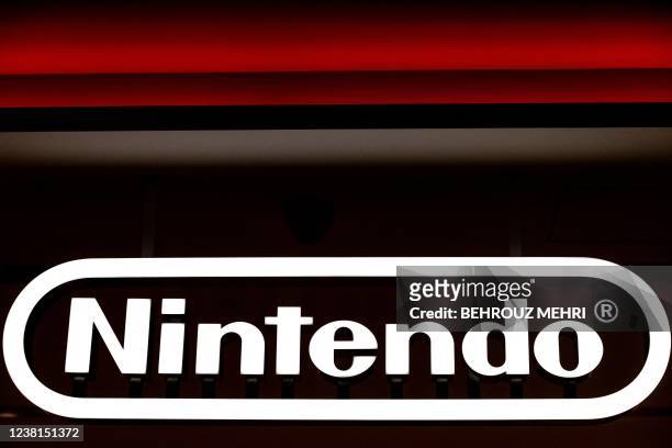 Nintendo logo is pictured at a store for Japanese games giant Nintendo in Tokyo on February 3, 2022.