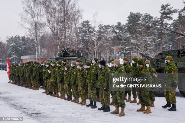 Canadian soldiers are pictured during a visit of Canada's Minister of Defence in Adazi, Latvia, on February 3, 2022.