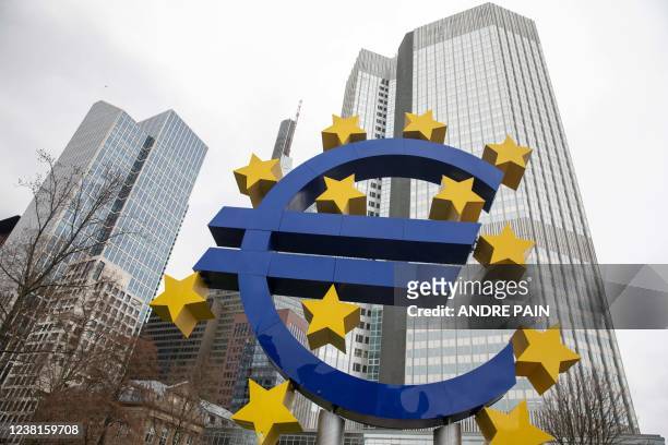 The Euro currency sign is seen in front of the former European Central Bank building in Frankfurt am Main, western Germany, on February 3, 2022....