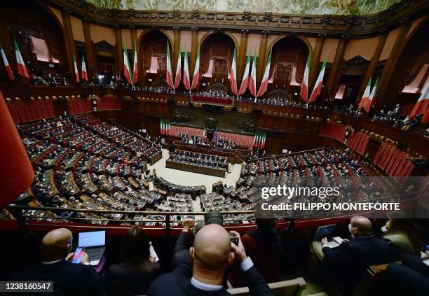 Senators and MPs attand the swearing in ceremony of Italian re-elected 13th president Sergio Mattarella at the parliament in Rome's Montecitorio...