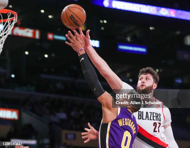Los Angeles, CA Los Angeles Lakers point guard Russell Westbrook, drives to the hoop under pressure from Portland Trail Blazers center Jusuf Nurkic,...