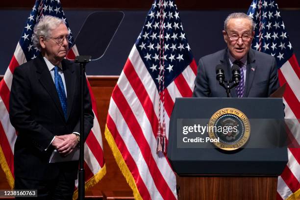 Minority Leader Mitch McConnell and Majority Leader Charles Schumer address at the National Prayer Breakfast at the U.S. Capitol on February 3, 2022...