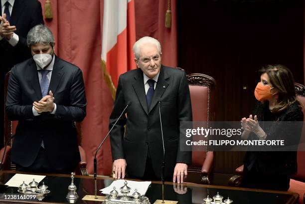 President of the Italian Chamber of Deputies, Roberto Fico and President of the Italian Senate, Maria Elisabetta Alberti Casellati applaud during the...