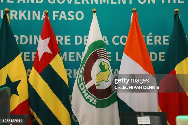 Flag with member flags at the second extraordinary summit on the political situation in Burkina Faso, in Accra, Ghana, on February 3, 2022.A military...