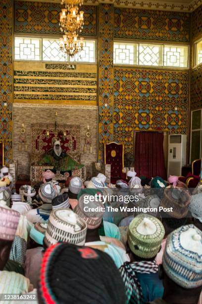 Men pay respects or lodge complaints to the Emir of Kano, Muhammed Sanusi II, on January 16, 2018 in Kano, Nigeria.