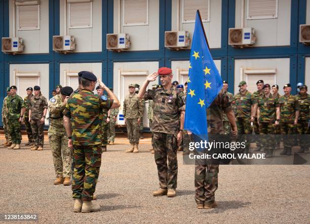 French general Jacques Langlade de Montgros passes the command of the European union training mission in Central african Republic to the Belgian...