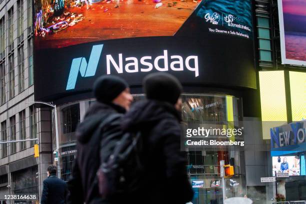 The Nasdaq MarketSite in New York, U.S., on Thursday, Feb. 3, 2022. Big technology earnings have prompted some extreme share price moves this season,...