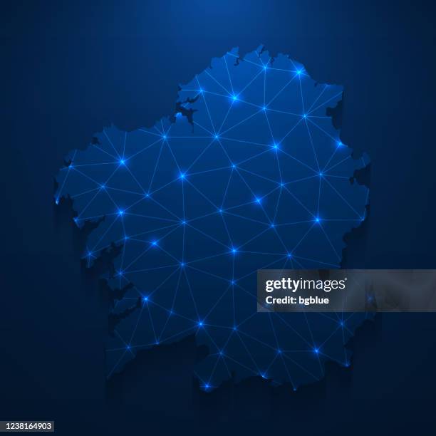 galicia map network - bright mesh on dark blue background - santiago de compostela stock illustrations