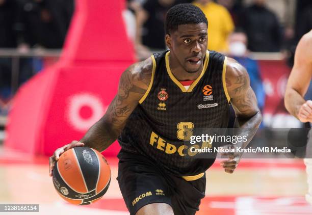 Dwayne Bacon of AS Monaco drives to the basket during the Turkish Airlines EuroLeague match between Crvena Zvezda mts Belgrade and AS Monaco at...