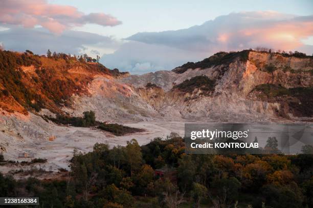 View of the Solfatara crater, part of the Campi Flegrei Volcano in Pozzuoli, the biggest caldera of southern Italy, Campania region.