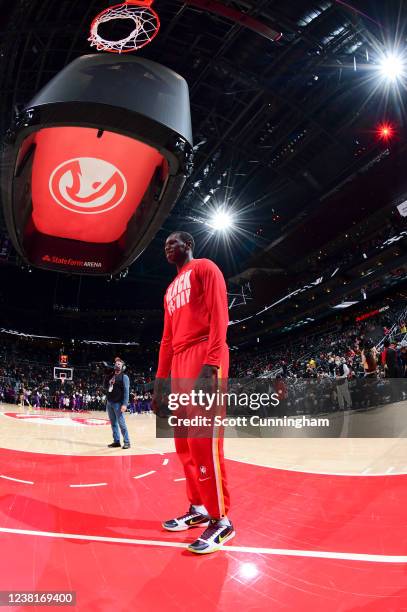 Gorgui Dieng of the Atlanta Hawks looks on before the game against the Phoenix Suns on February 3, 2022 at State Farm Arena in Atlanta, Georgia. NOTE...