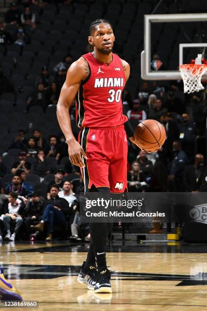Chris Silva of the Miami Heat dribbles the ball during the game against the San Antonio Spurs on February 3, 2022 at the AT&T Center in San Antonio,...