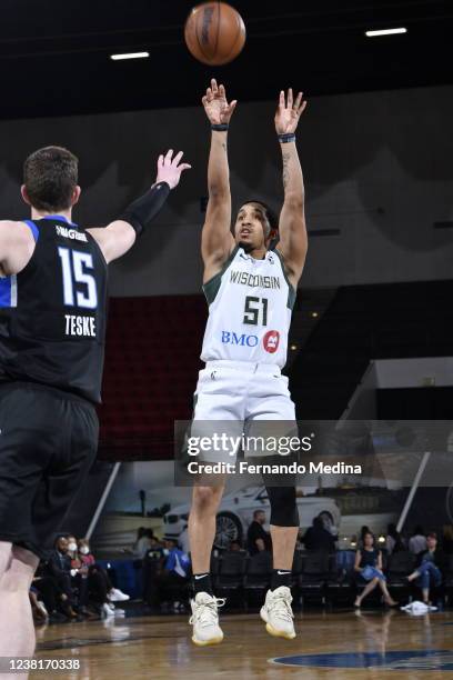 Tremont Waters of the Wisconsin Herd shoots the ball against the Lakeland Magic during the game on February 3, 2022 at RP Funding Center in Lakeland,...