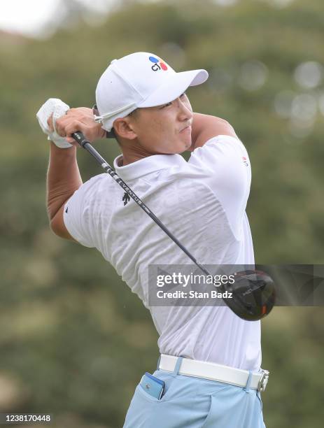 Whee Kim of Korea plays a tee shot on the second hole during the first round of The Panama Championship at Panama Golf Club on February 3, 2022 in...