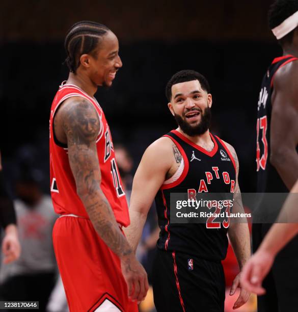 February 3 In overtime, Toronto Raptors guard Fred VanVleet has a quick laugh with Chicago Bulls forward DeMar DeRozan The Toronto Raptors beat the...