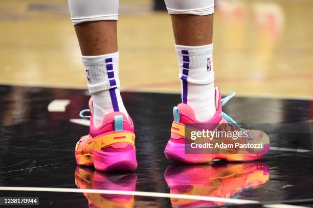 The sneakers worn by Russell Westbrook of the Los Angeles Lakers during the game against the Los Angeles Clippers on February 3, 2022 at Crypto.Com...