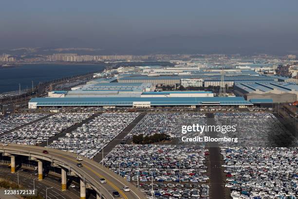 Hyundai Motor Co. Vehicles bound for shipment parked at the company's Ulsan plant lot in Ulsan, South Korea, on Thursday, Jan. 20, 2022. The last...