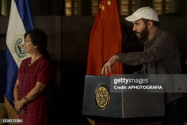 Nayib Bukele, president of El Salvador, speaks at a press conference during the National Library's foundation stone ceremony on February 3, 2022 in...