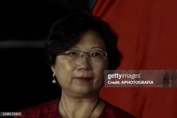 Ou Jianhong, Ambassador of China to El Salvador, looks on at a press conference during the National Library's foundation stone ceremony on February...