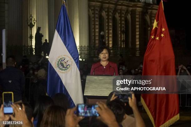 Ou Jianhong, Ambassador of China to El Salvador, speaks at a press conference during the National Library's foundation stone ceremony on February 3,...