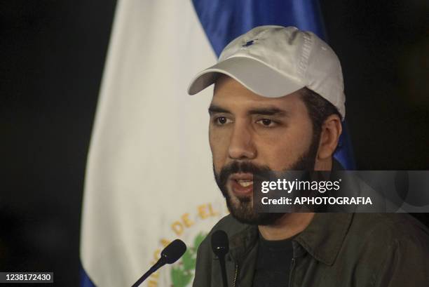 Nayib Bukele, president of El Salvador, speaks at a press conference during the National Library's foundation stone ceremony on February 3, 2022 in...
