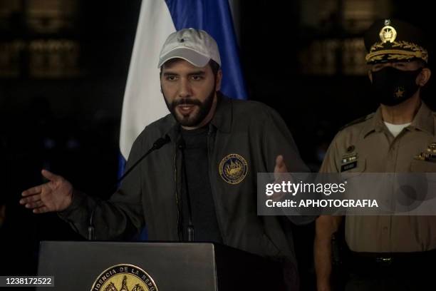 Nayib Bukele, president of El Salvador, speaks at a press conference during the National Library's foundation stone ceremony on February 3, 2022 in...